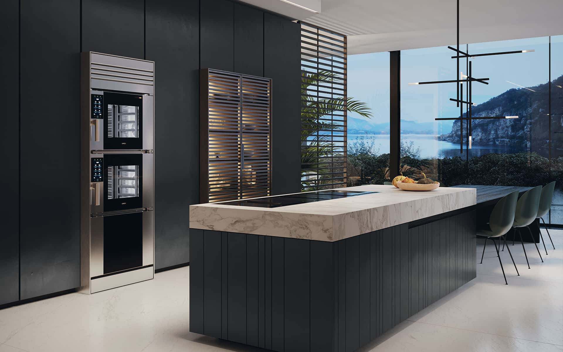 Elegante cucina con vista sul Lago Maggiore con il forno di lusso Model 1 di Unox Casa