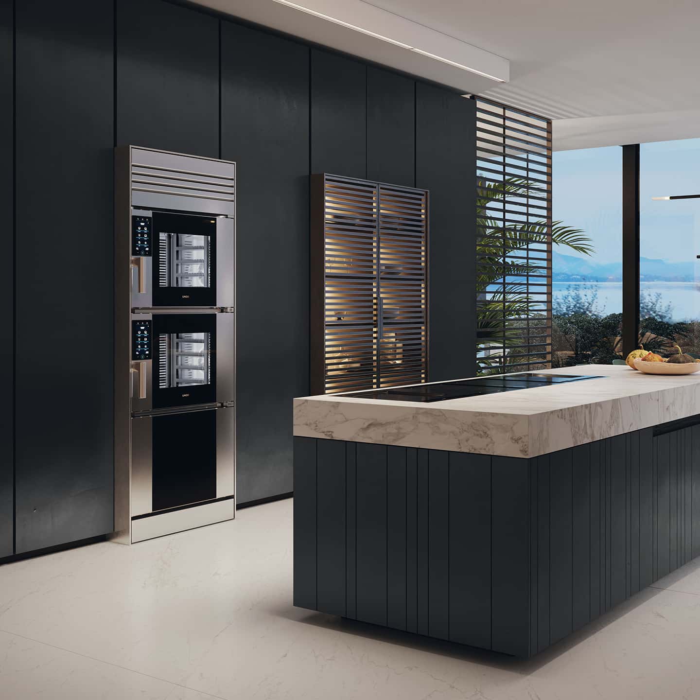 Smart kitchen overlooking Lake Maggiore featuring Unox Casa's Model 1 luxury oven