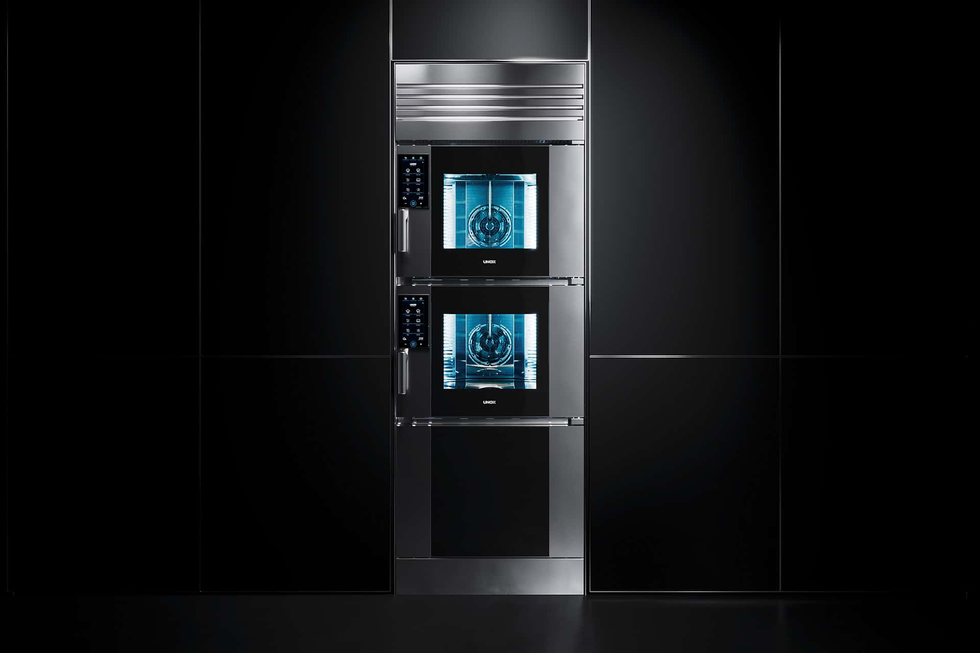 Model 1 SuperOven Model 1 luxury dual-chamber smart oven in stainless steel finish, with professional cooking technology, self-cleaning function, and sleek Italian design