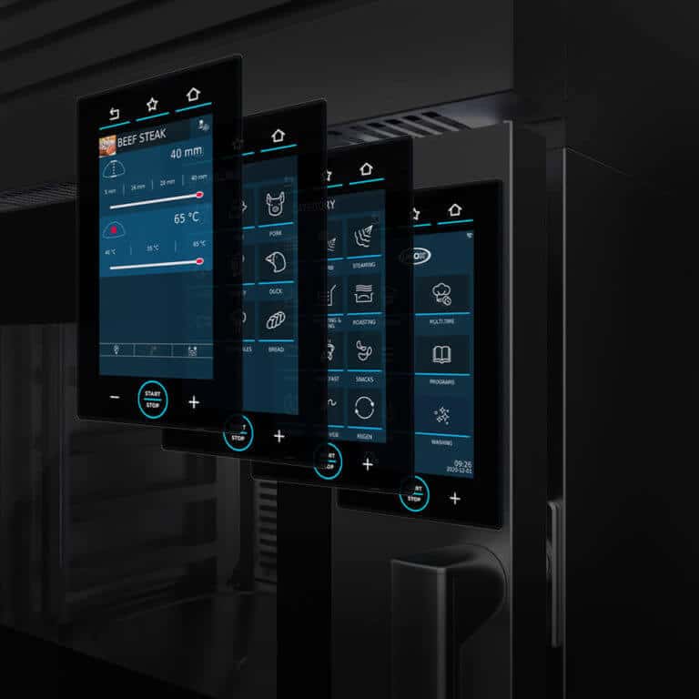 Panel de control digital de los hornos inteligentes de Unox Casa con la función multi.time